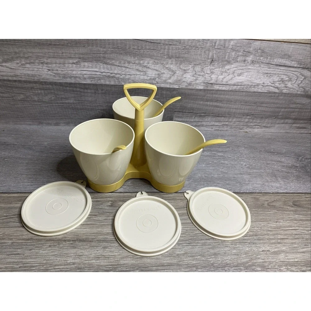 Vintage Tupperware Gold and Almond Condement Caddy Set w/ Cups, Lids & Spoons
